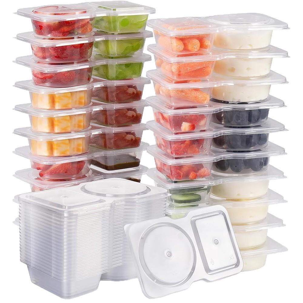 Lot de 20 Récipients à Snacks à Double Compartiment pour Dips, Sauces et Garnitures, Récipients en Plastique avec Couvercles