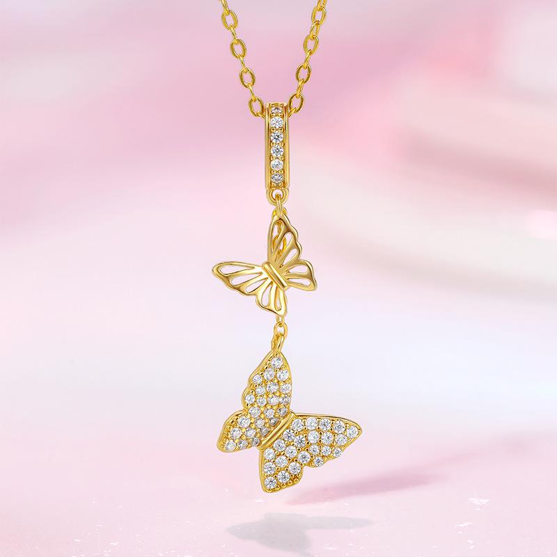 Double Butterfly S925 Sterling Silver Necklace - Elegant Tassel Clavicle Chain for Women