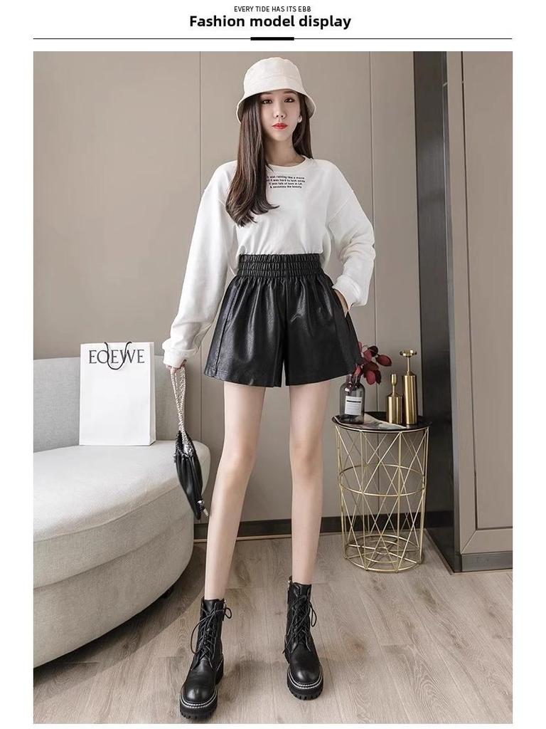 Women's 2023 Autumn/Winter PU Leather A-Line Shorts, High Waist, Loose Fit, Casual Slim Boot Style