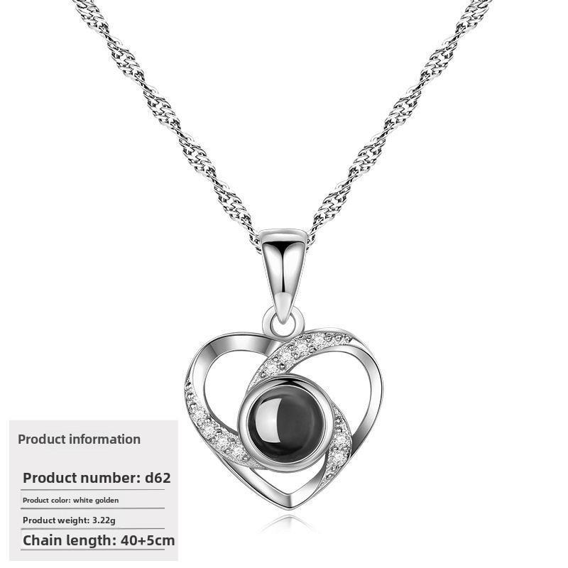 S925 Silver Peach Heart Projection Necklace 'I Love You' in 100 Languages