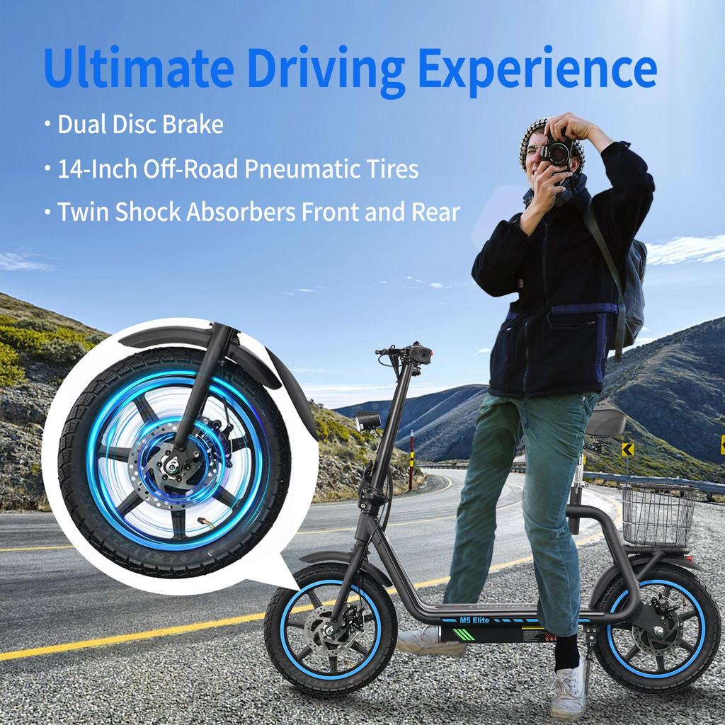 Elektrická kolobežka TWOFISH M5-Elite s košíkom 14" pneumatika 500W motor 48V13Ah batéria Max. rýchlosť 40km/h Max. dojazd 30km Čierna