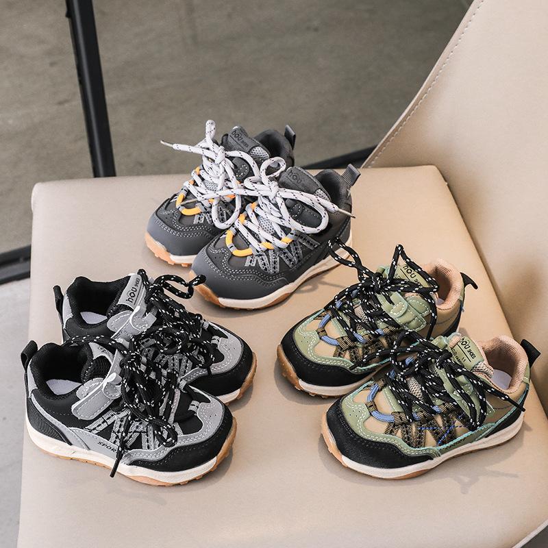 Spring Kids Leather Chunky Sneakers 1-6 Years Breathable Spliced Toe Cap Sports Shoes For Boys And Girls Casual Walkers