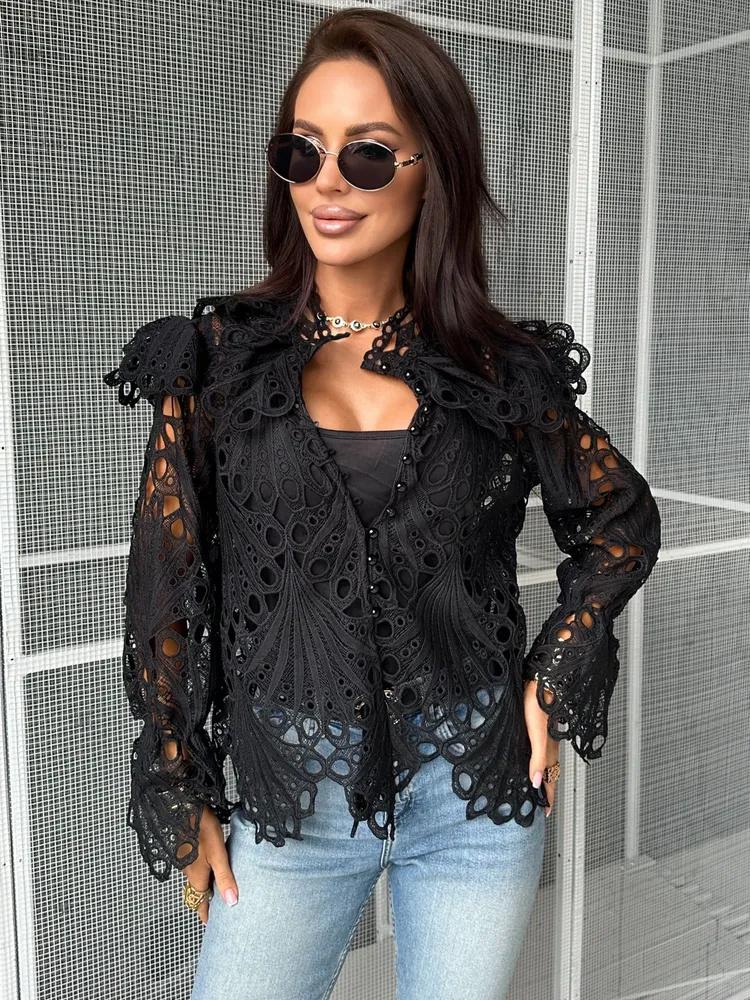 Retro Shirt For Women, Design Sense, Hollow Ruffled Long Sleeves, Temperament, Fashionable Stand Collar Shirt