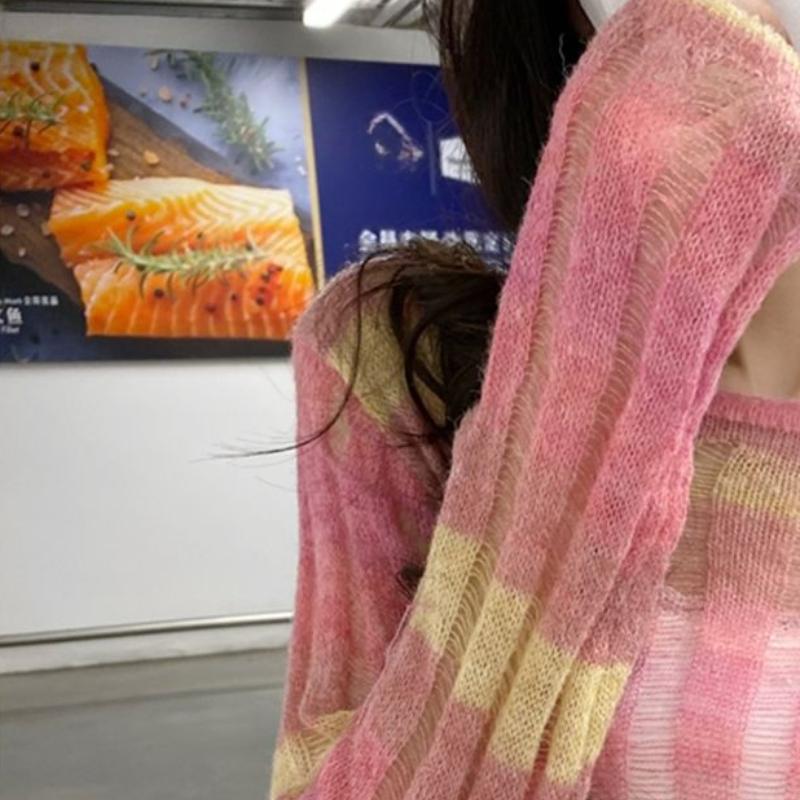 Rainbow Stripe Thin Sun Protection Cover-up Women's Spring Spicy Girl Designed Hollow-out Knitwear Crew Neck Top