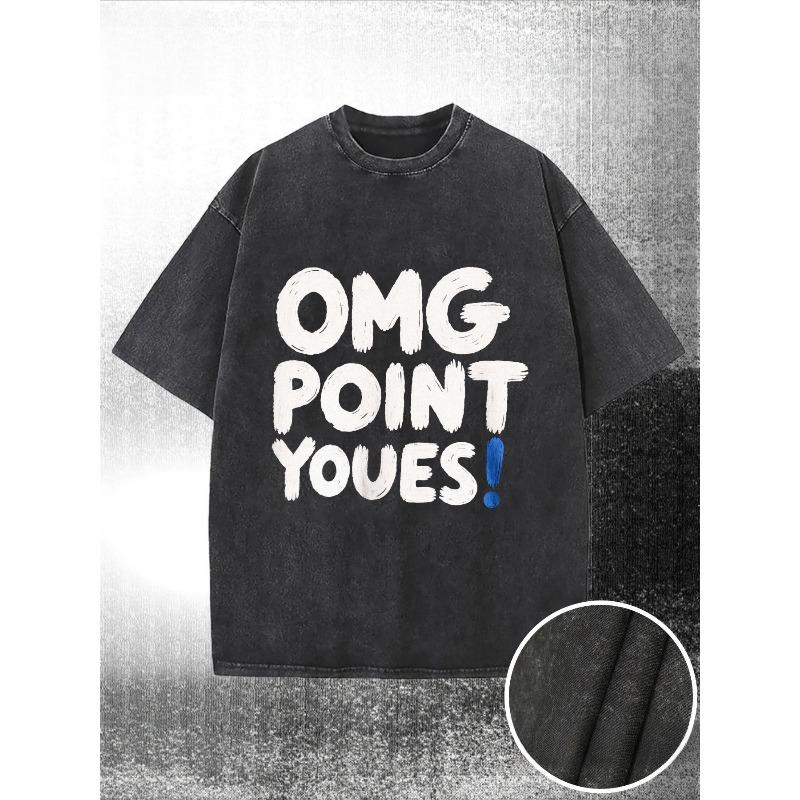 

European Size Pre-Washed, Loose-Fitting T-Shirt Featuring Striking White OMG POINT YOUES! Lettering with a Blue Exclamation Mark, Premium Casual S чёрный
