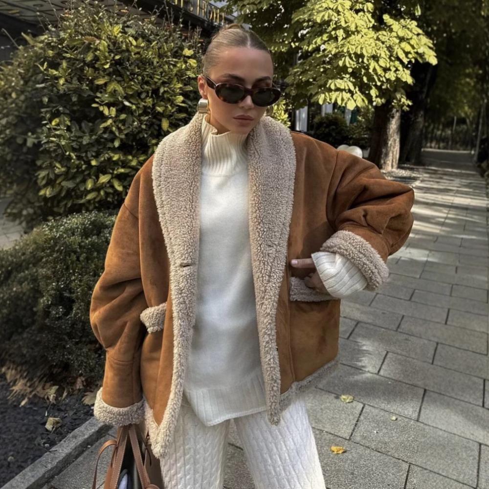 Women's Lapel Long Sleeve Loose Fit Regular Length Fleece Lined Suede Jacket Casual Outerwear
