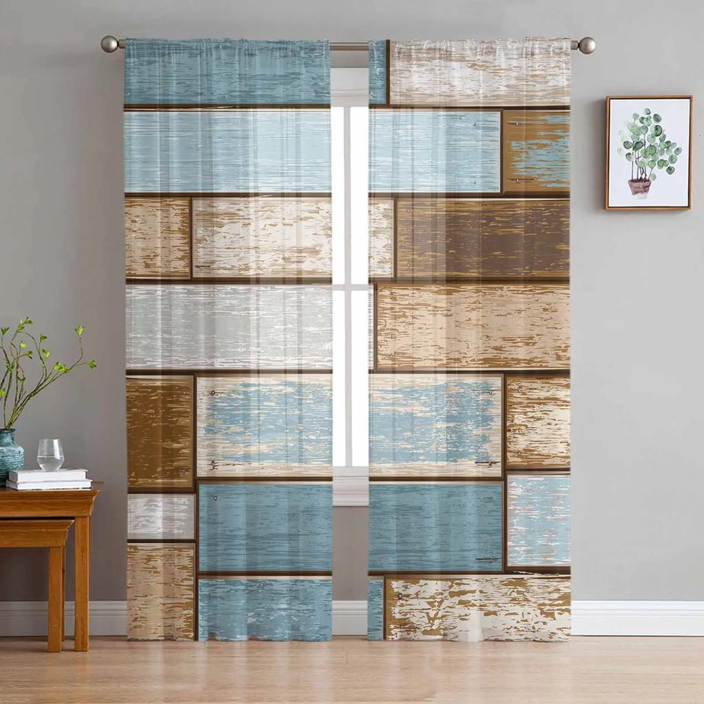 Planken Shabby Retro Holz Braun Gardinen Wohnzimmer Fenster Tüll Vorhänge Für Schlafzimmer Küche Home Dekoration Voile Vorhänge