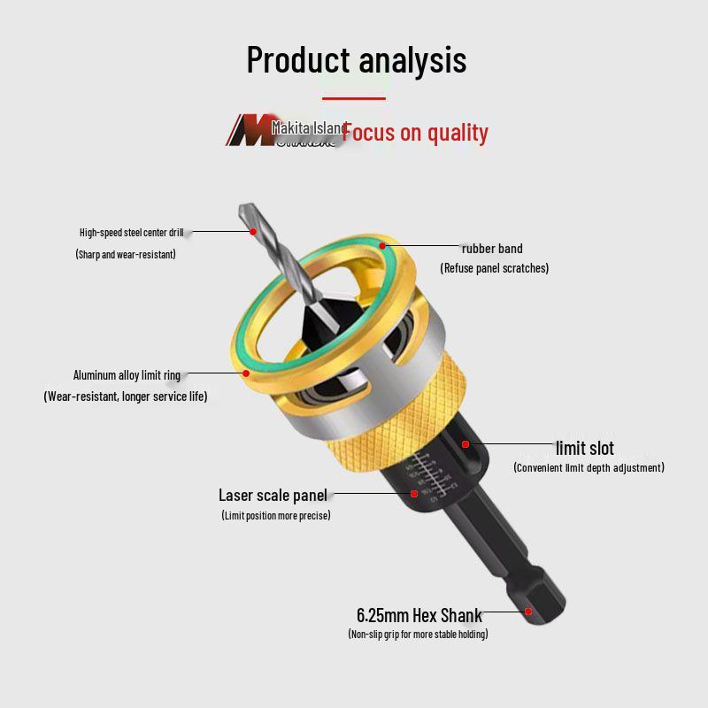 

Touch Stop Woodworking Countersink Drill Bit with Hex Shank & Limiter for Tapered Self-Tapping Screw Holes