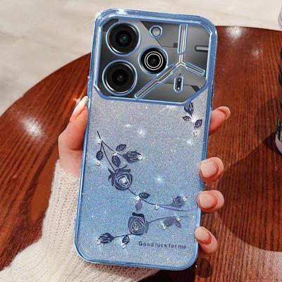 Pouzdro na telefon pro Tecno Pova 6 5G/Pova 6 Pro 5G, Flash Pink Flower Transparentní ochrana proti nárazu Luxusní diamantový lesklý ochranný kryt