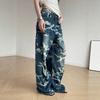 Vintage Washed Distressed Camo Patchwork Denim Wide Leg Jeans Men Women Slim Fit Relaxed Trousers
