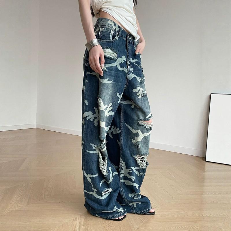 Vintage Washed Distressed Camo Patchwork Denim Wide Leg Jeans Men Women Slim Fit Relaxed Trousers