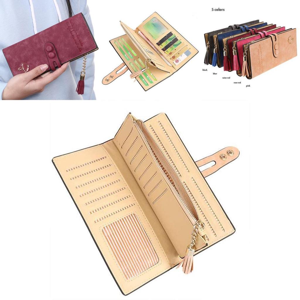 Elegant Women Leather Card Holder Long Trifold Wallet With Tassel And Checkbook Pocket