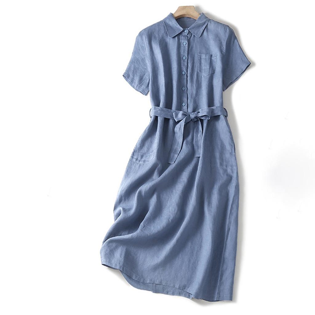 Vintage Cotton Linen Shirt Dress For Women Solid Plus Size Casual Long Dresses Ladies Slim A Line Tunic Dress Outfits For Summer