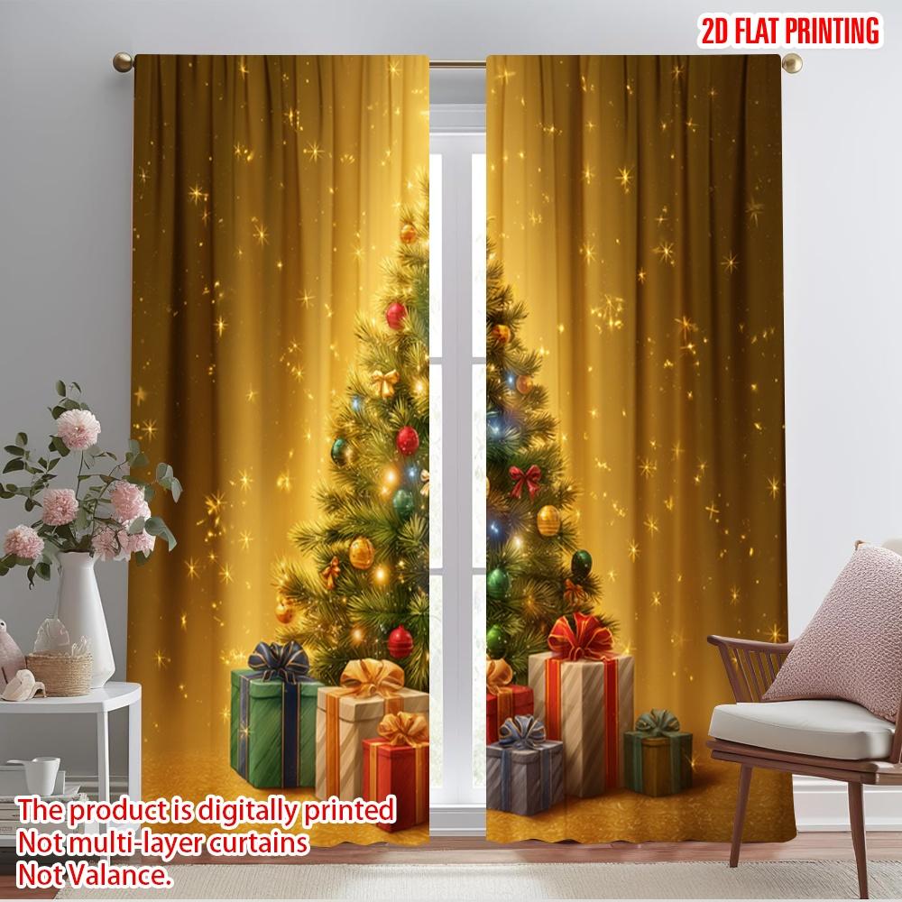 2pcs,2D Plane Printing Curtains Digital Printed Classic Christmas Tree and Gifts Polyester Fabric (without Rod) Festive Ldeal
