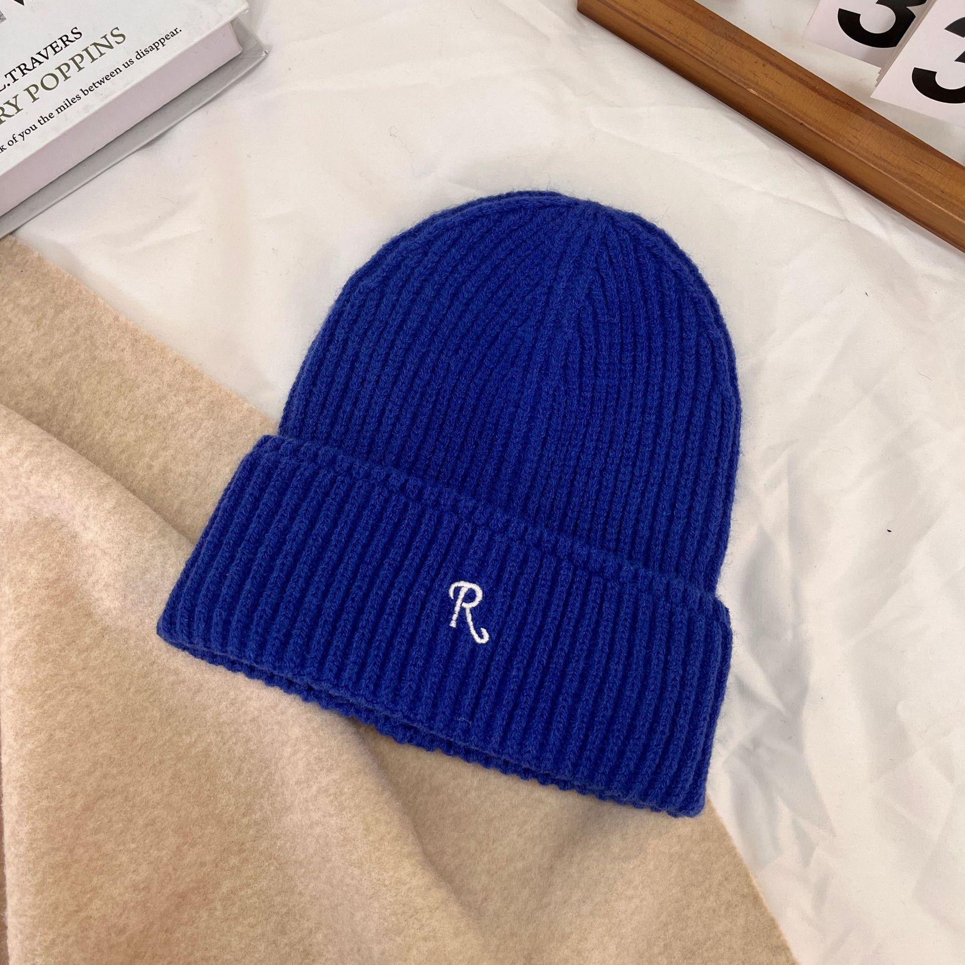 

Осенне-зимняя мода теплая универсальная студенческая милая прохладная воздушная холодная шапка женская осенне-зимняя шерстяная шапка с буквой R женская M（56-58cm） королевский синий
