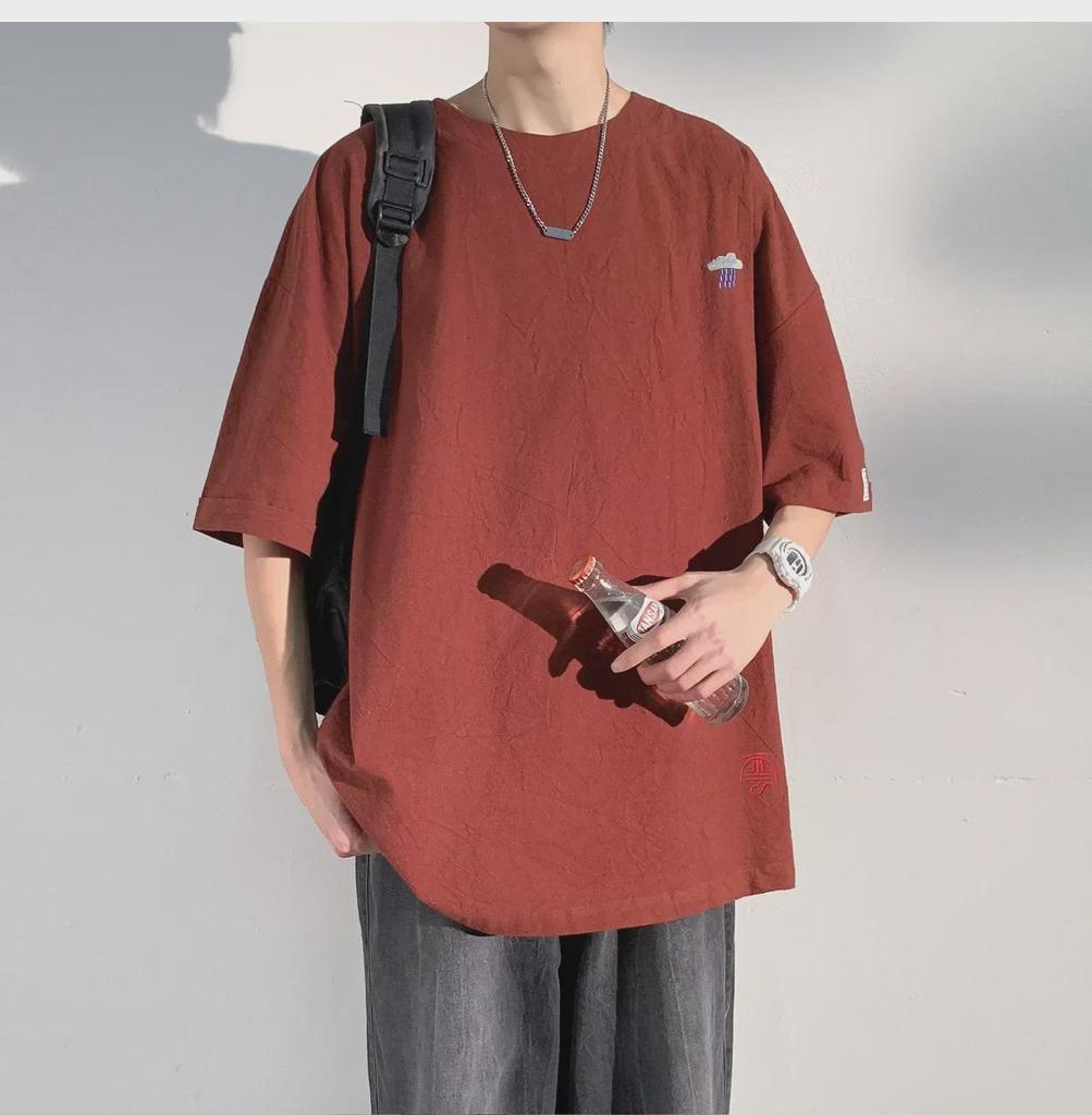 Men's Summer Cotton-Linen Short-Sleeve Chinese Style Embroidered Casual T-Shirt