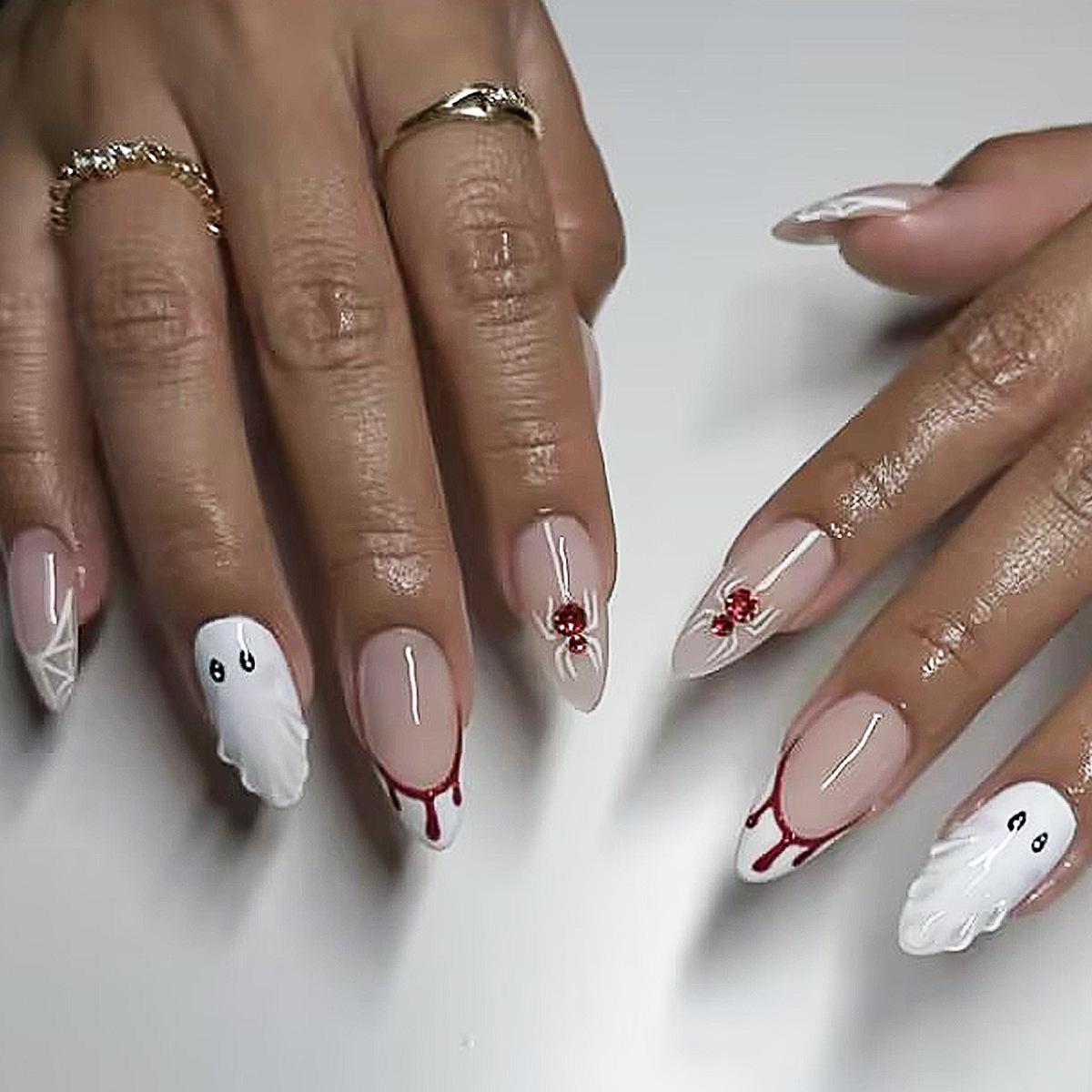 

24-Piece Semi-Handmade Ghost Spider French Blood Drop Press-On Nails
