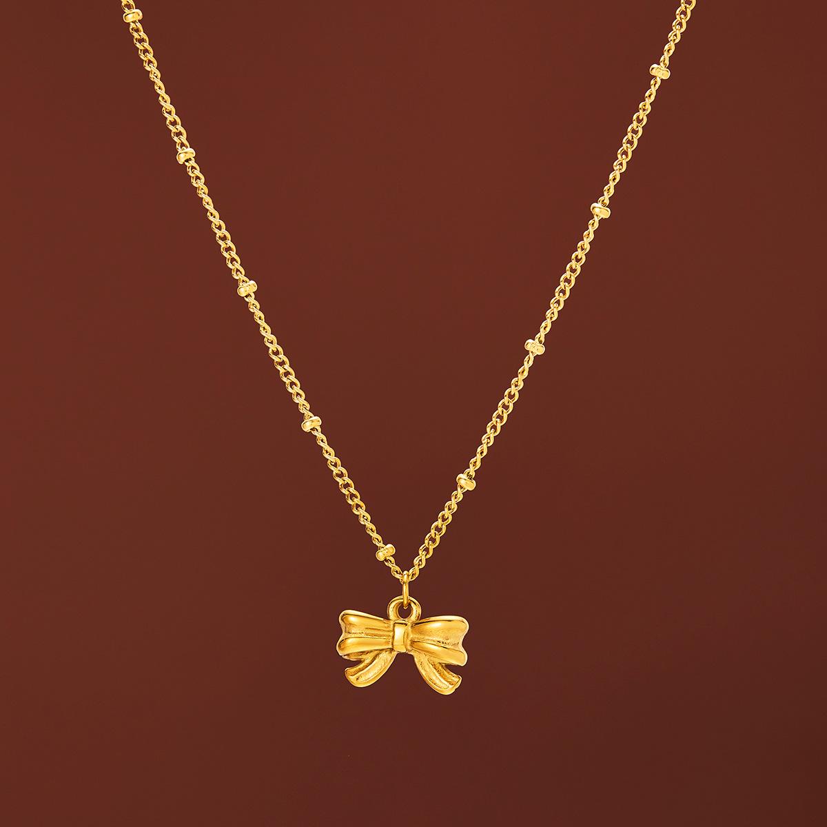 

Non-Fading Gold Bow Titanium Steel Necklace - Women s Versatile European & American Style Clavicle Chain