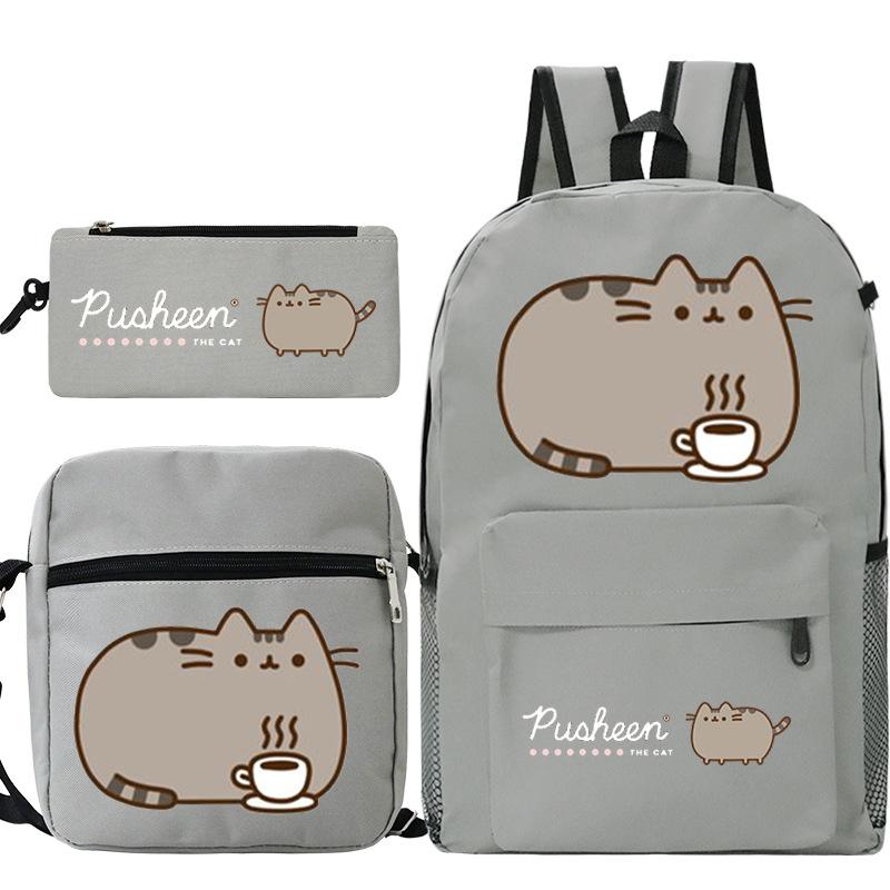 Katze 3-teiliges Set Niedlicher Schulrucksack Schreibwaren Federmäppchen Lässige Umhängetasche für Kinder