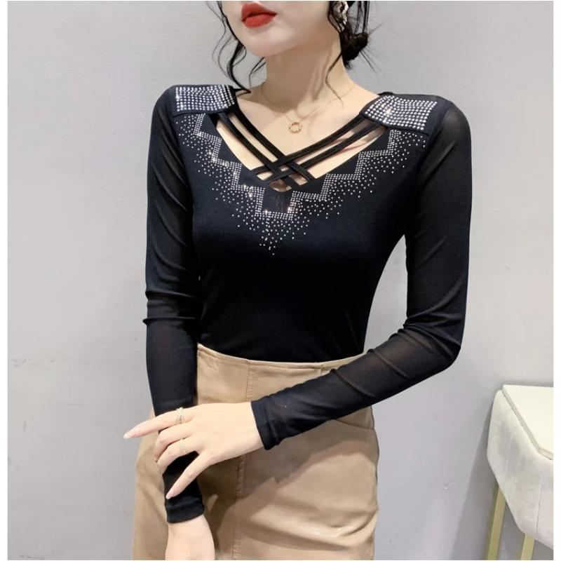 Streetwear Women's Clothes T-Shirt Spring Autumn High Quality Hot Diamonds Long Sleeve Tops Ladies Sexy V-Collar Mesh Tees