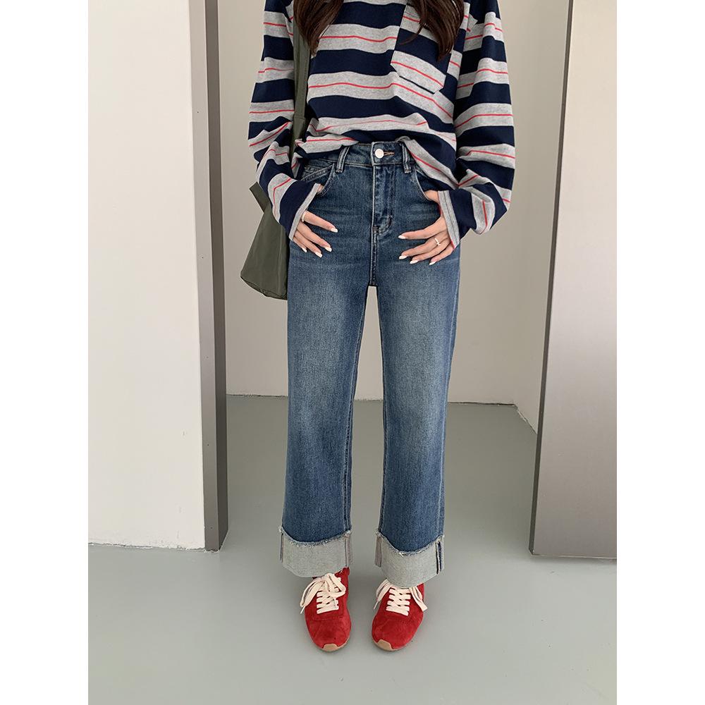 

ICC Stylish Patchwork Raw Hem Stretch Cigarette Pants - Slimming Straight Leg Jeans for Autumn 27 синий/джинсовый