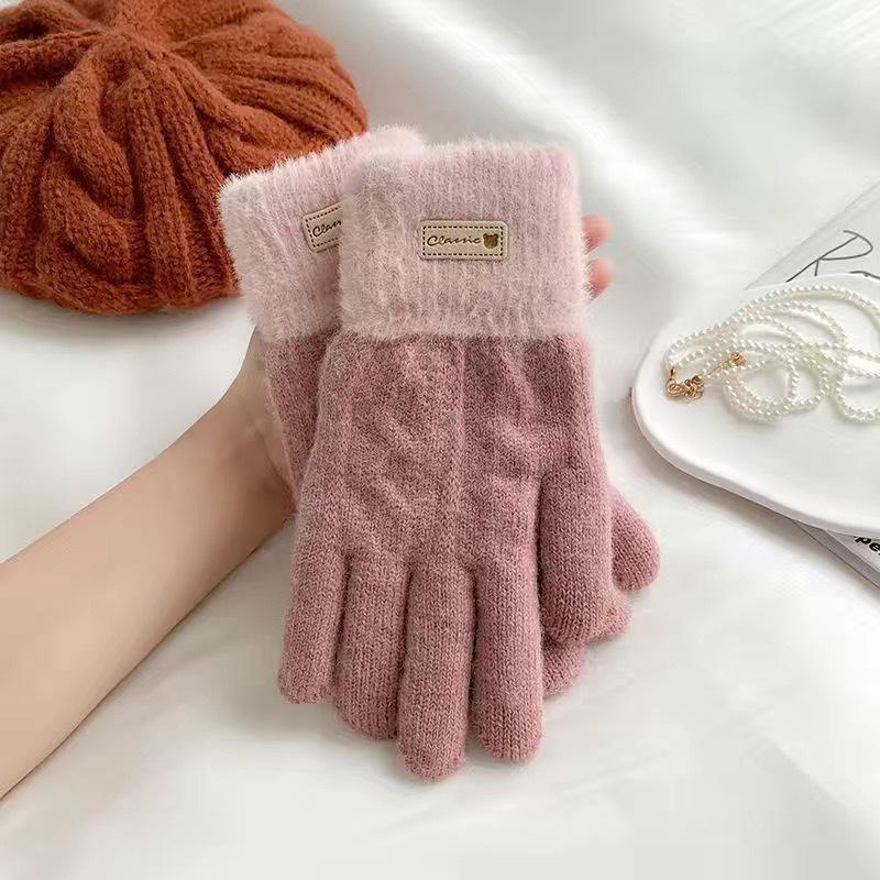 

Перчатки для рук с цветными блоками, зимние, толстые, теплые, плюшевые, двухслойные, для сенсорных экранов, вязаные перчатки с раздельными пальцами, женские зимние перчатки с раздельными пальцами one size