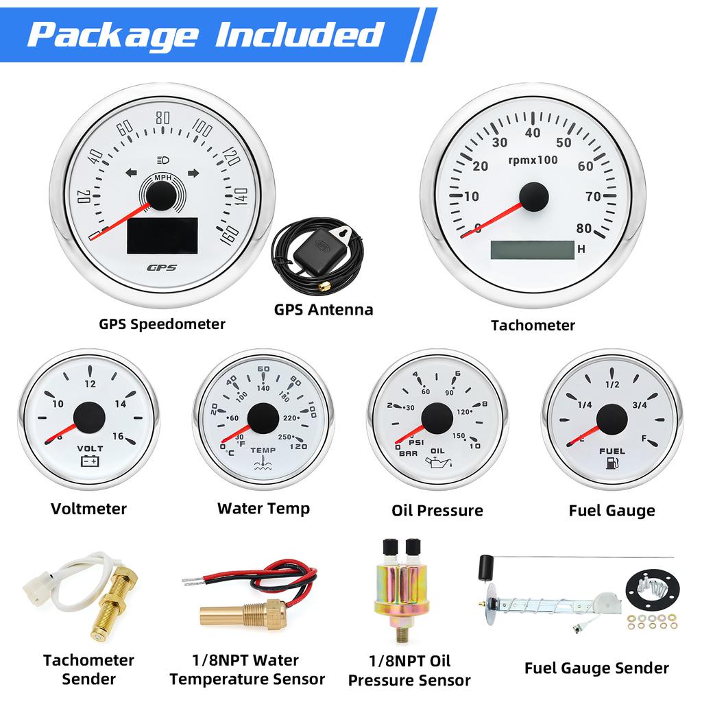 Black 85mm GPS Speedometer 80MPH Waterproof 6 Gauge Kit Fit Car Boat Marine Gasolines Vehicle Tachometer Water Temp Fuel Gauges