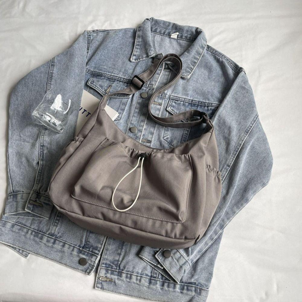 Elastic Rope Drawstring Tote Bag Solid Color Pleated Shoulder Bag Nylon Crossbody Bag  School