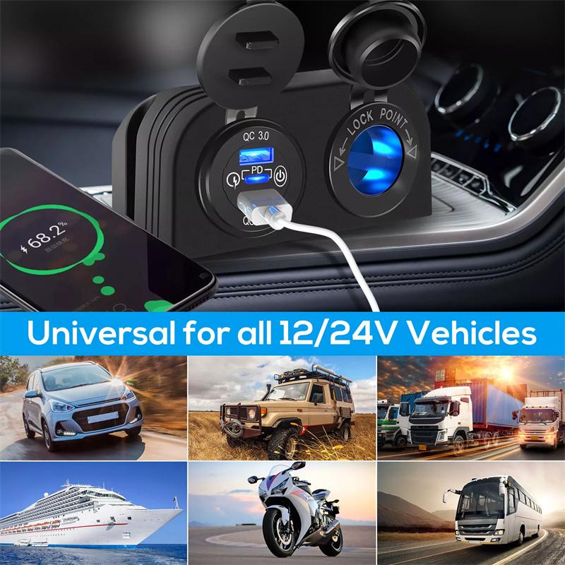 Zelt-Typ Panel Zwei-Loch, Quick Charge 3.0 Dual-USB Auto-Ladegerät + 12V/24V Steckdose für Auto, Motorrad, Boot, Marine, ATV