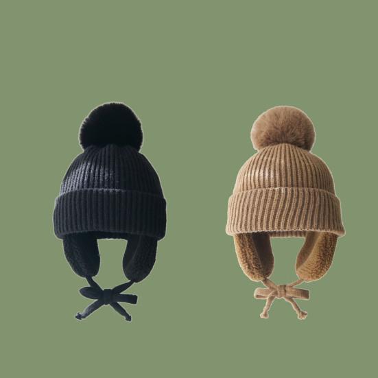 Children Hat Thickened Wool Knit Hat with Pom-Pom Ball Decor Extended Ear Flaps Design Fleece Lining Warm Winter Hat