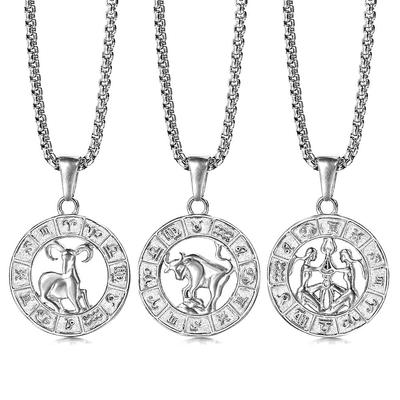 Silver 12 Zodiac Zodiac Pendant Necklace Women Men Stainless Steel Zodiac Jewelry Gifts