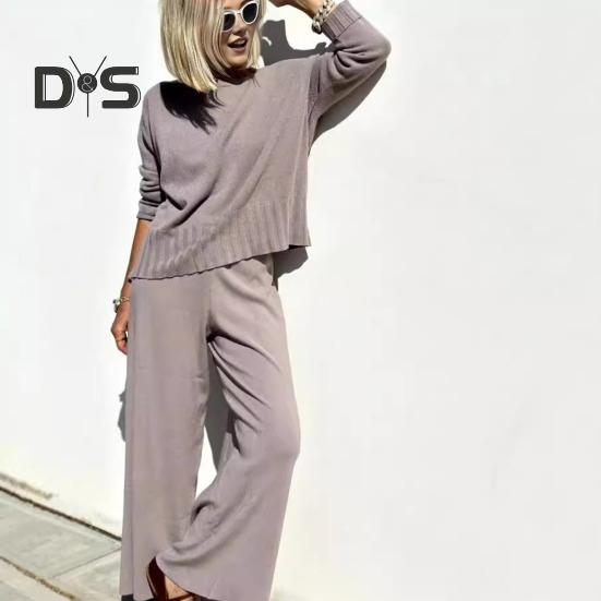 2 шт./комплект женский топ брюки костюм круглый вырез длинный рукав трикотажный — фото 10