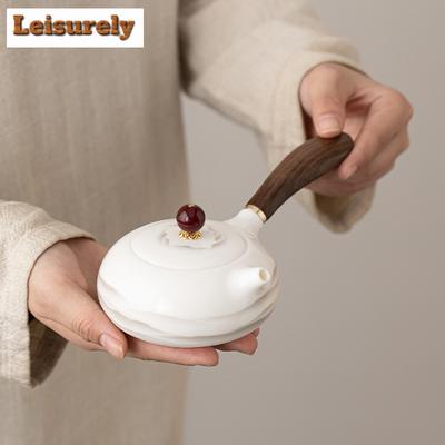 200ml Mutton-fat Jade Porcelain Side Handle Teapot Elegant Ink Far Mountain Pot Tea Brewing Kettle Chinese Tea Set Collection