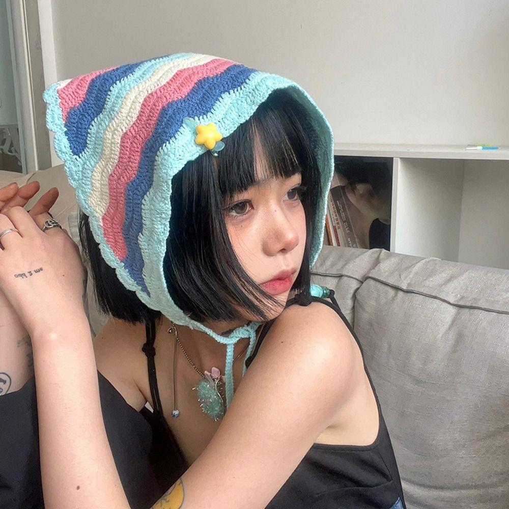 

French Style Wave Grid Stripe Korean Hair Scarf Triangle Bandanas Knitted Headband Women Headwrap