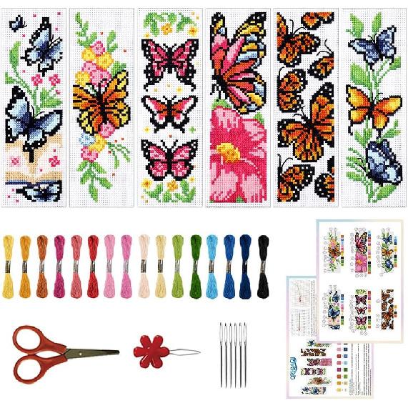 ORIGACH 6 Pcs Cross Stitch Bookmark Kit for Beginner Adults, Butterflies and Flowers Stamped Embroidery Bookmark Kit with Instruction for Starters
