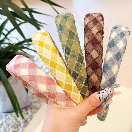 Women Headband Retro Plaid Pattern Thick Sponge Filling Soft Fabric Hair Hoop Fluffy Hairstyle Hair Accessory