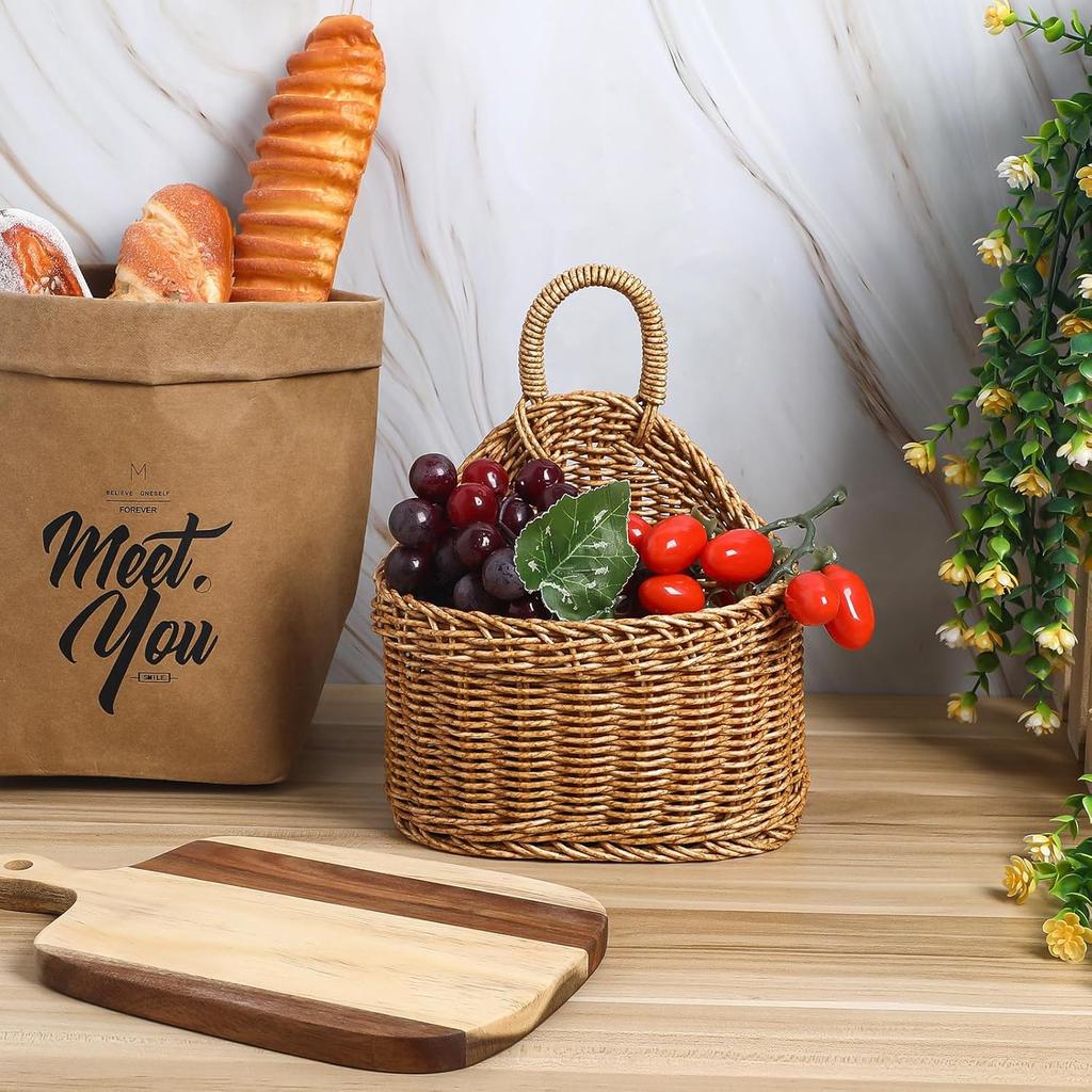 DOITOOL Hanging Wicker Baskets: 2Pcs Woven Plastic Storage Basket, Wicker Hanging Storage Bins, Seagrass Wall Basket for Home Wedding Decorations -