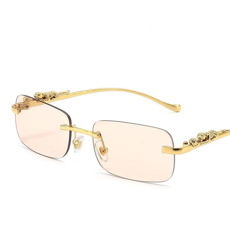 Nye Rimless Rektangel Vintage Metal Leopard Head Solbriller Innrammeløse Brilleskjermer for kvinner Menn