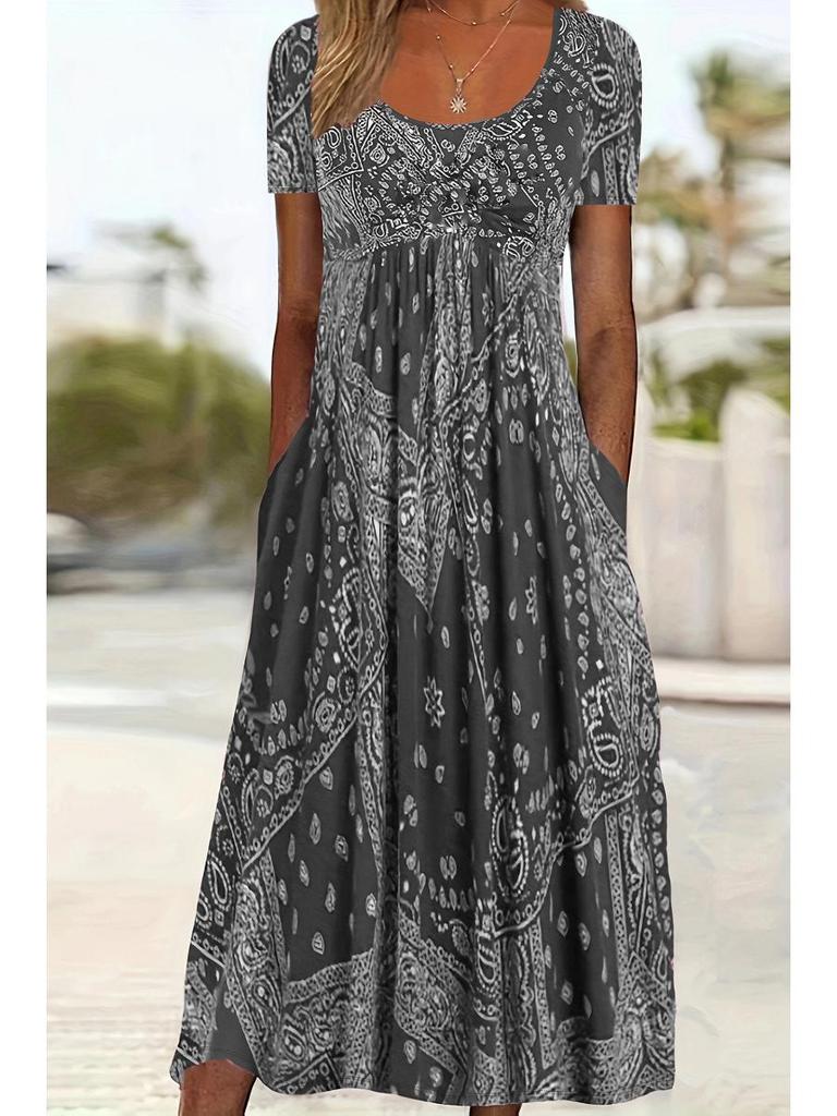 Europäisches & Amerikanisches Sommer Retro Print Mittelhoher Taillenlanger Kleid - Kurzarm, Rundhalsausschnitt, Bequemer Lässiger Stil Pullover
