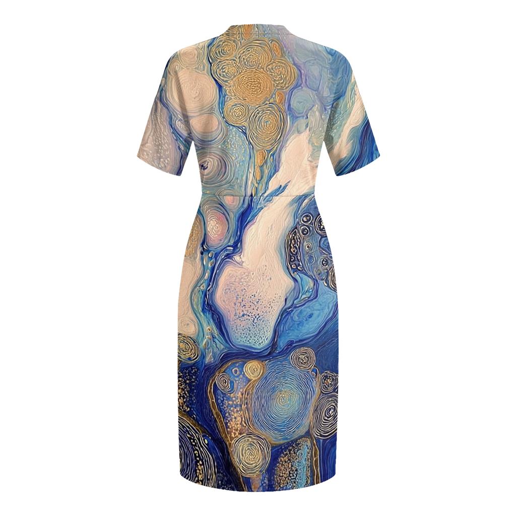 Letní nadměrné velikosti V výstřih krátký rukáv ke kolenům kapsa potisk ležérní šaty pro ženy