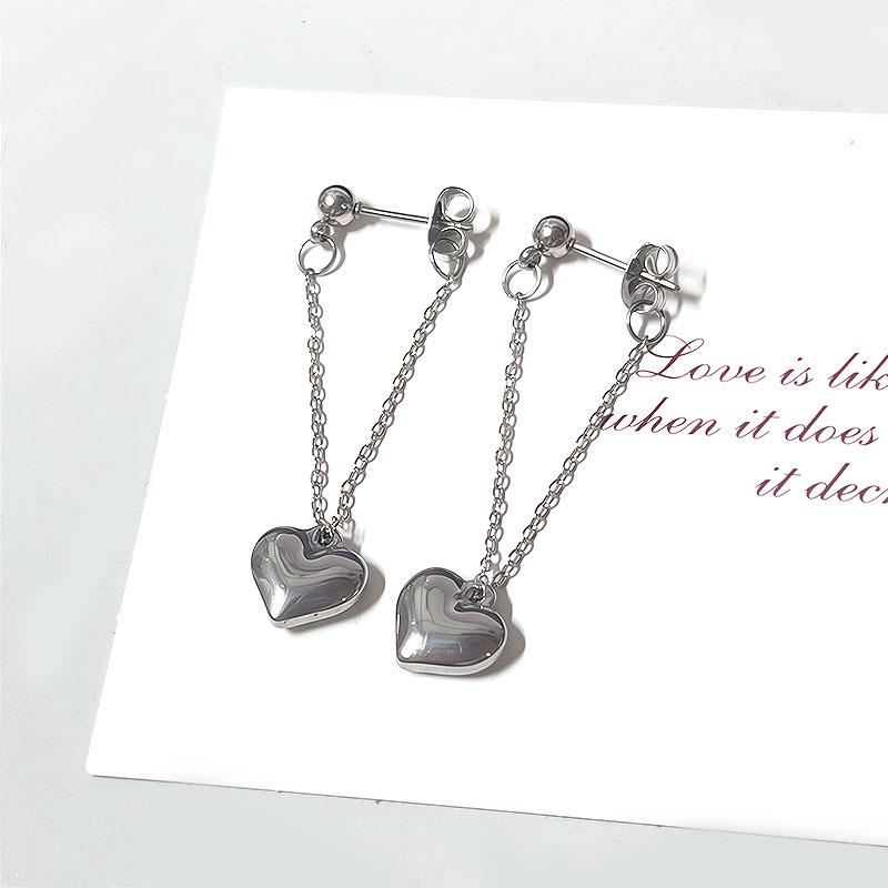 Stainless Steel Heart Tassel Earrings - Elegant Retro Studs for Women