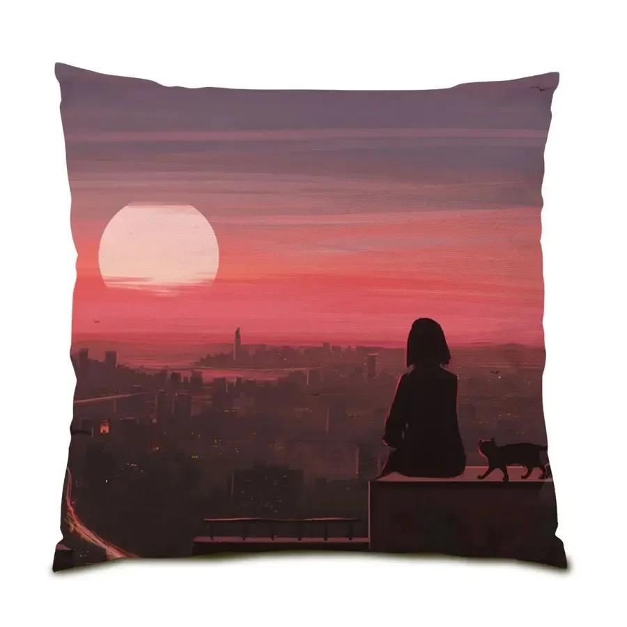 Office Sofa Cushion Cover Simple Illustration Cartoon Scenery Pillow Cover Luxury Home Decoration Cushion Cover