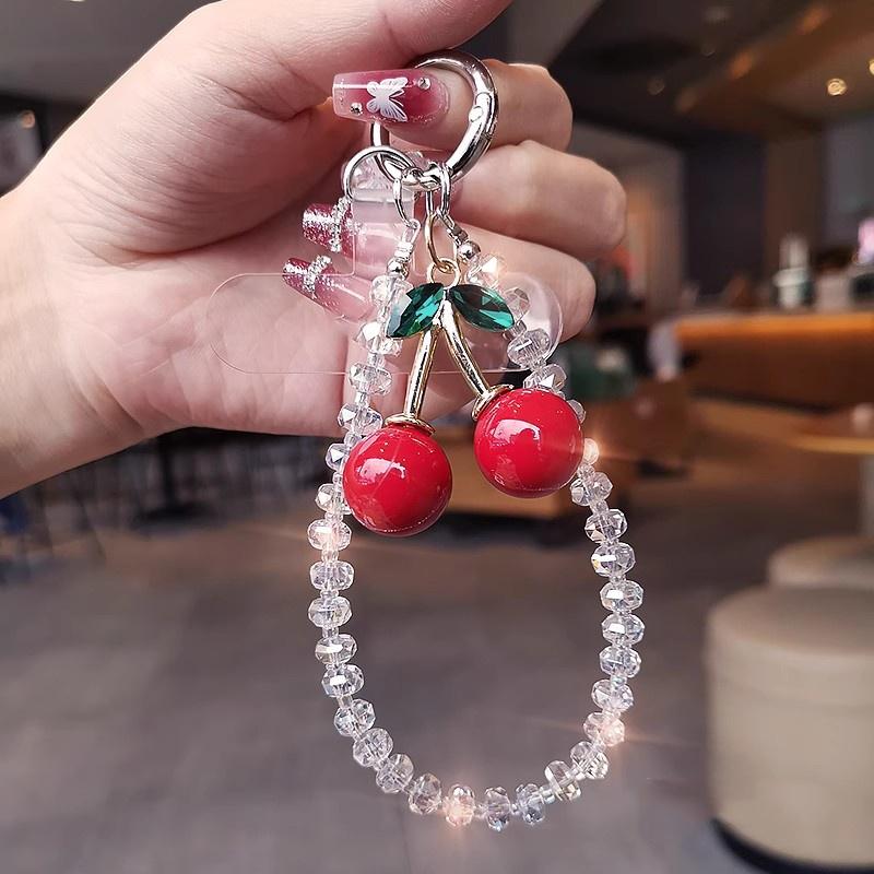 Korea Cherry Acrylic Beaded Phone Charm StrapDesign Mobile Chain Korean Fashion Cellphone Lanyard Keychain Bag Earphones Pendant