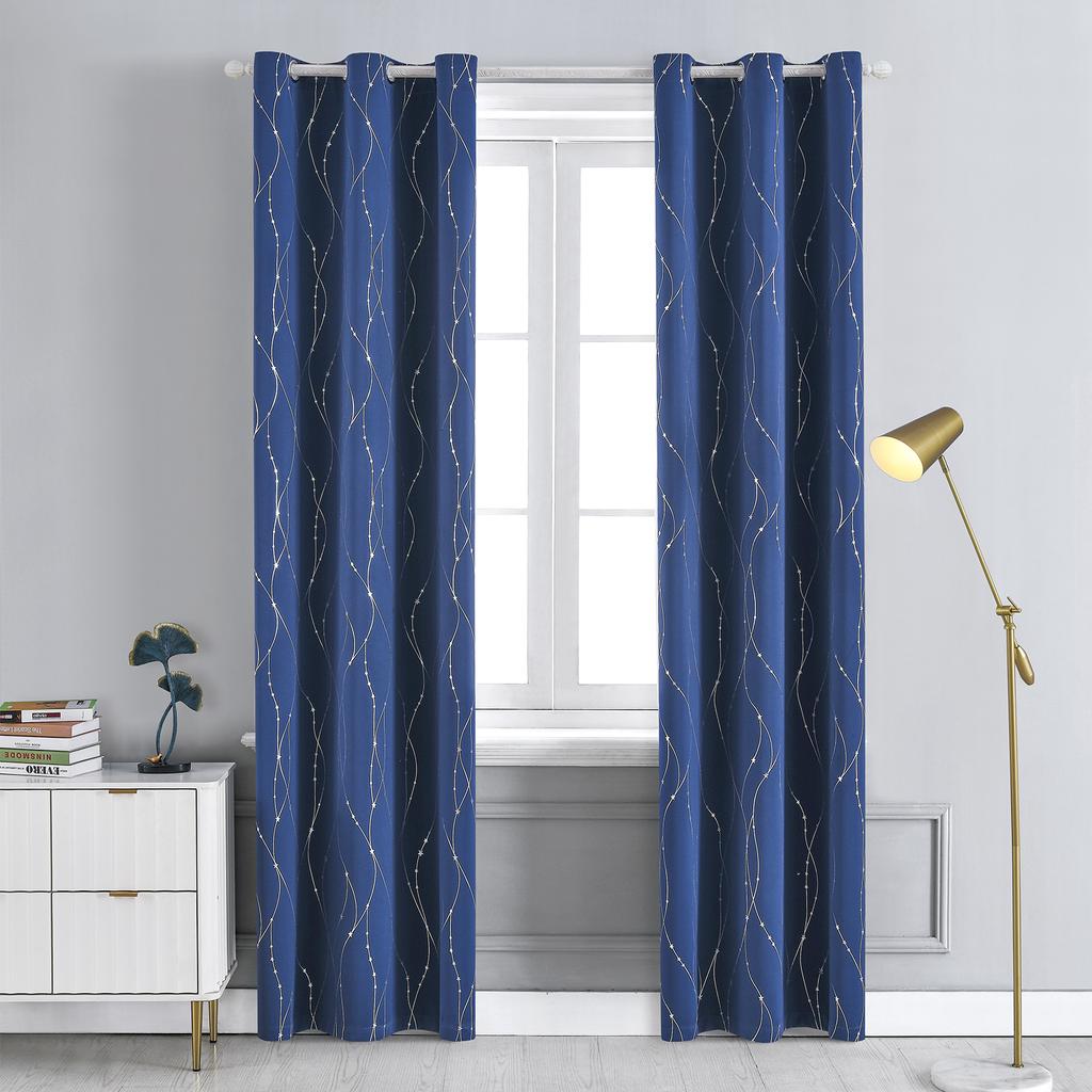 Blackout Curtains for Bedroom Noise Reducing Thermal Insulated Wave Line Foil Print Room Darkening for Living Room