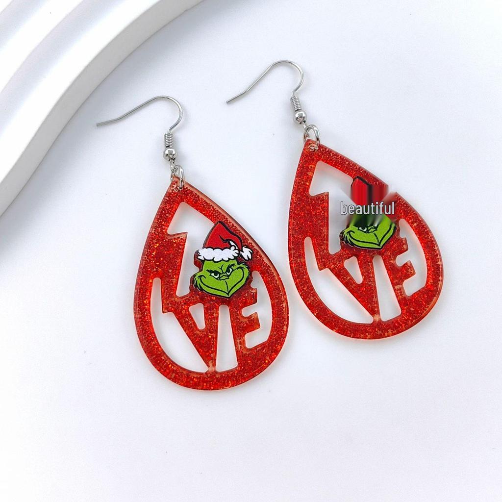 Grinch Green Monster Acrylic Earrings with Love Heart Accents