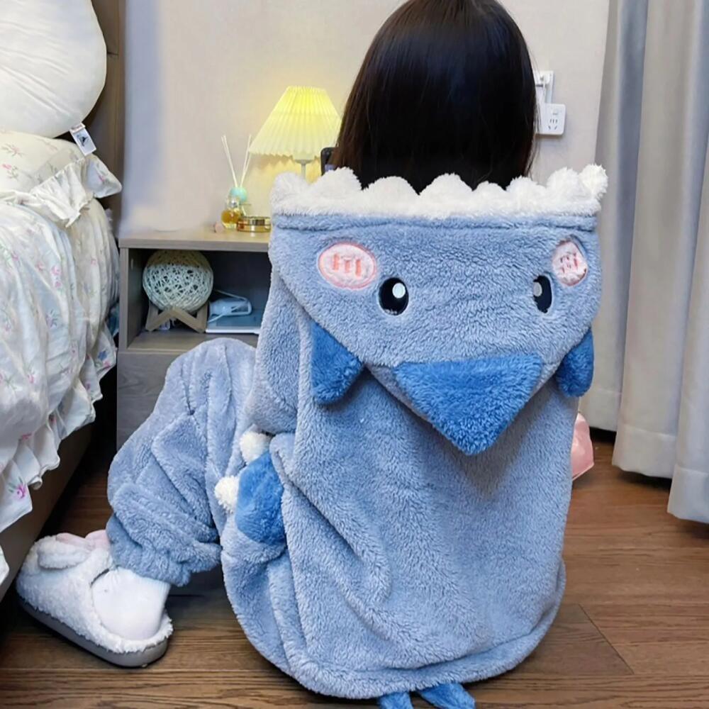 Kigurumi Roztomilý Žralok S Kapucí Korálový Fleece Pyžamo Dámské Noční Prádlo Párty Halloween Karneval