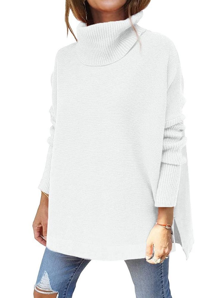 Women's Oversized High Neck Sweater Mid Length Batwing Sleeves Split Hem Waist Tied Pullover Luxurious Relaxed-fit Slimming and Versatile Top