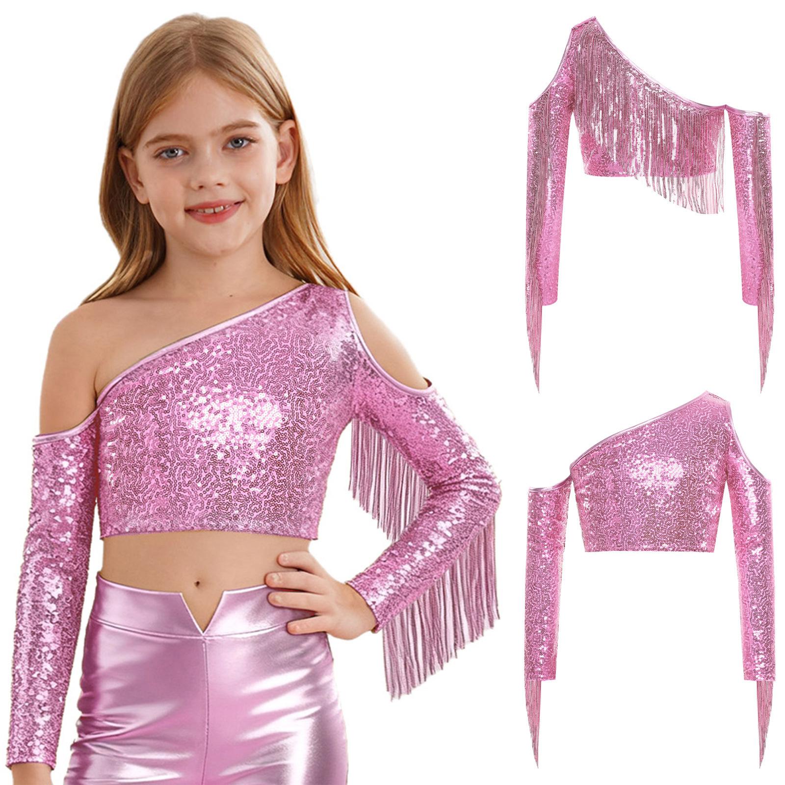 Kinder Mädchen Schönheitswettbewerb Bühnenauftritt Kostüm Ein Schulter Langarm Fransen Glitzernde Pailletten Crop Top für Tanzwettbewerb Aufführung 13-14 Years rosa