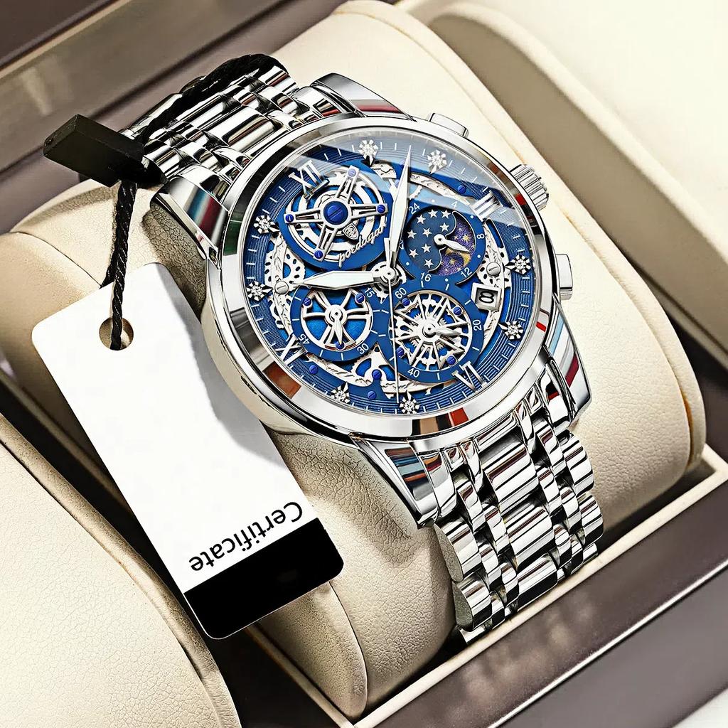 Orologio da polso da uomo di lusso con quadrante intagliata a tre indicatori, impermeabile, luminoso, con calendario, in acciaio inossidabile, fase lunare, al quarzo, adatto per l'uso quotidiano e per il lavoro