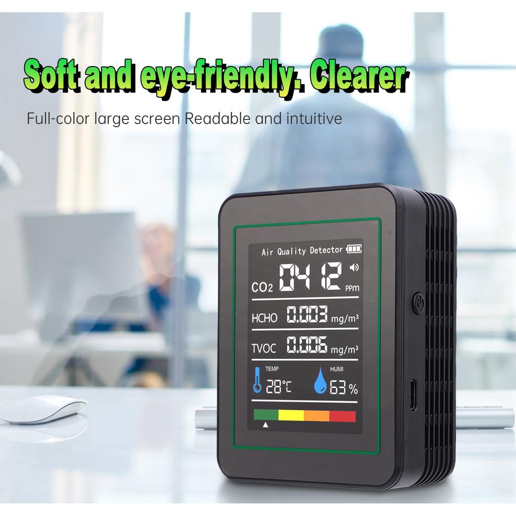 Detektor Jakości Powietrza 3 w 1, Monitorowanie w Czasie Rzeczywistym Dwutlenku Węgla, Wilgotności, Temperatury, Kolorowy Ekran 2,8 cala,